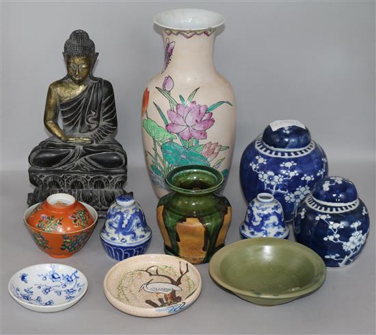 A collection of mixed Oriental items vase height 30cm Buddha height 29cm